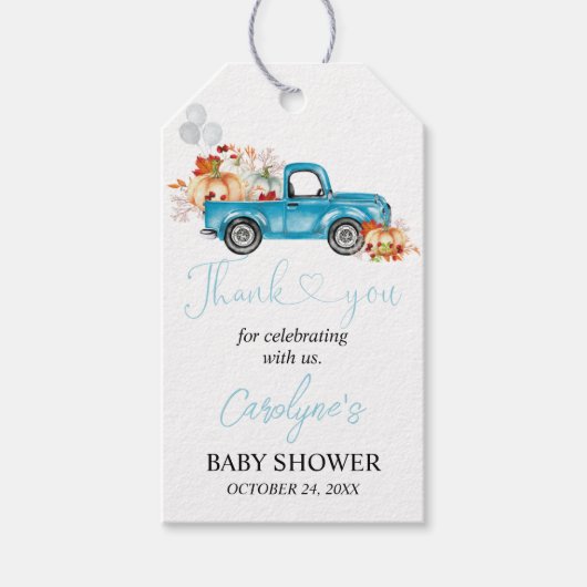 Pumpkin Blue Truck Baby shower Bedankt Gift Label Cadeaulabel (Voorkant)