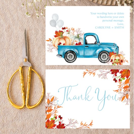 Pumpkin Blue Truck Herfst Baby shower Dank u kaart
