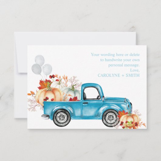 Pumpkin Blue Truck Herfst Baby shower Dank u kaart (Achterkant)