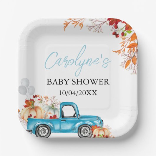 Pumpkin Blue Truck Herfst Baby shower Papieren Bordje (Voorkant)
