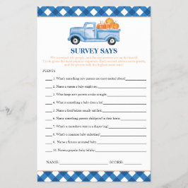 Pumpkin Blue Truck Survey zegt Baby shower spel Flyer