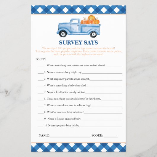 Pumpkin Blue Truck Survey zegt Baby shower spel Flyer (Voorkant)