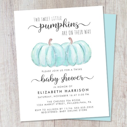 Pumpkin Blue Twin Baby Boys Showuitnodiging