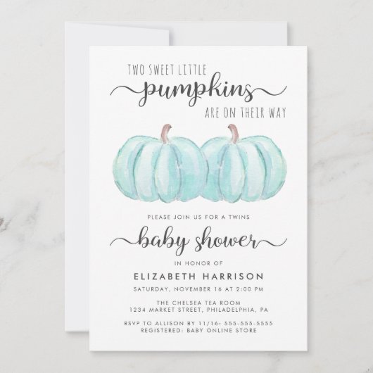 Pumpkin Blue Twin Baby Boys Showuitnodiging Kaart (Voorkant)
