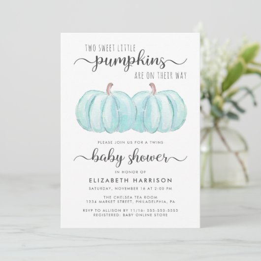 Pumpkin Blue Twin Baby Boys Showuitnodiging Kaart (Staand voorkant)