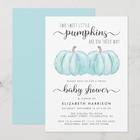 Pumpkin Blue Twin Baby Boys Showuitnodiging Kaart (Voorkant / Achterkant)