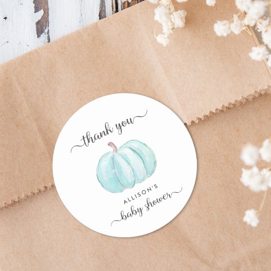 Pumpkin Blue Waterverf Baby shower Dank u Ronde Sticker