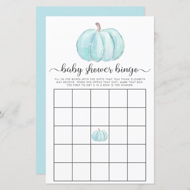Pumpkin Blue Waterverf Bingo Baby shower Game (Voorkant / Achterkant)