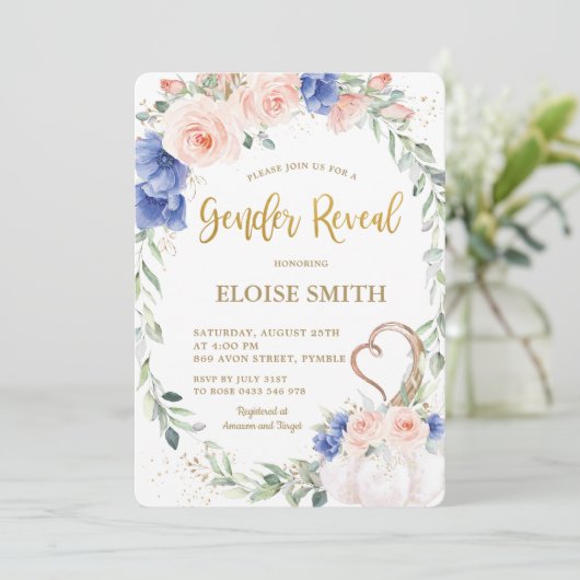 Pumpkin Blush Blue Floral Wreate Gender onthulling Kaart (Staand voorkant)
