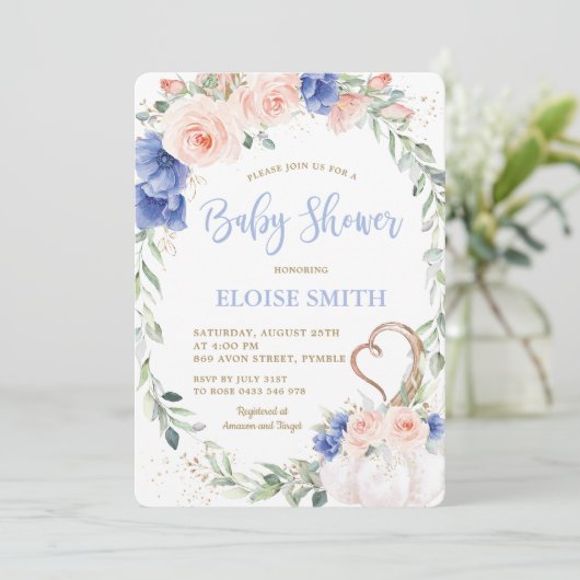 Pumpkin Blush Blue Floral Wreater Baby shower Boy Kaart (Staand voorkant)