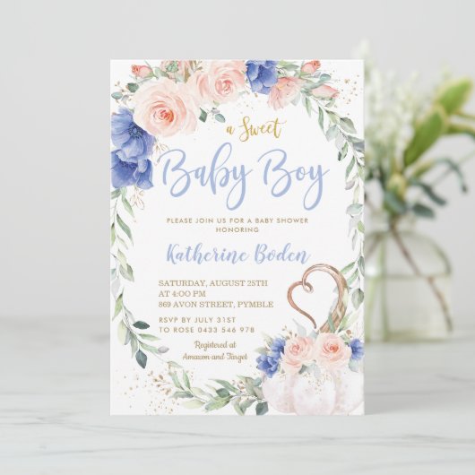Pumpkin Blush Blue Floral Wreath Boy Baby shower  Kaart (Staand voorkant)