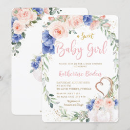 Pumpkin Blush Blue Floral Wreath Girl Baby shower  Kaart