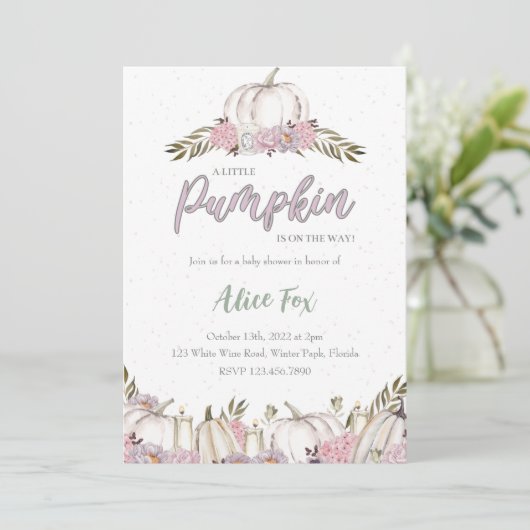 Pumpkin Blush Pink Baby shower Invitation Girl Kaart (Staand voorkant)