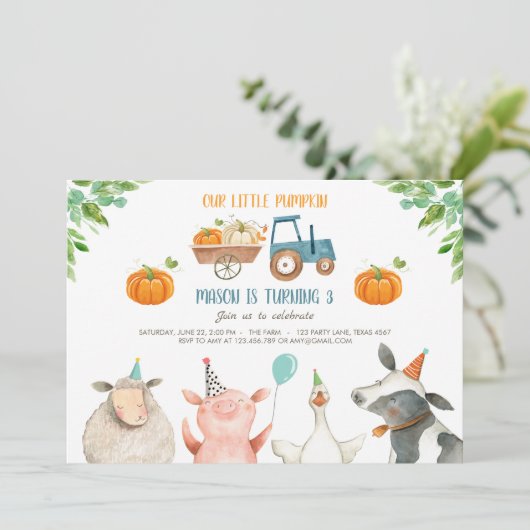 Pumpkin Boerderij Barnyard Herfst Boy Party Birthd Kaart (Staand voorkant)