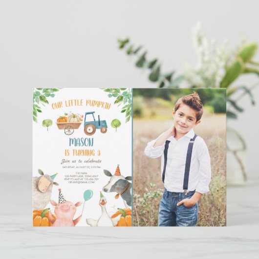 Pumpkin Boerderij Barnyard Herfst Boy Party Birthd Kaart (Staand voorkant)