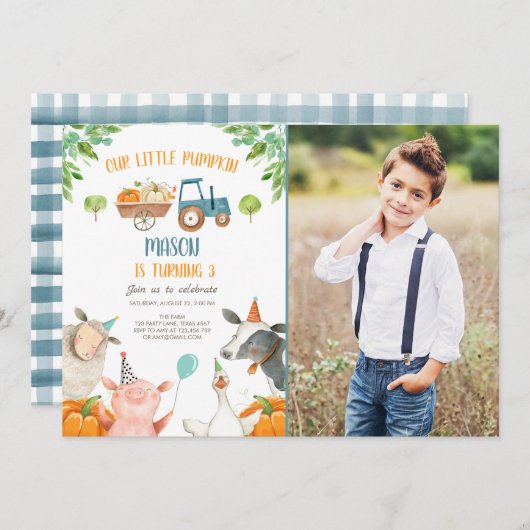 Pumpkin Boerderij Barnyard Herfst Boy Party Birthd Kaart (Voorkant / Achterkant)