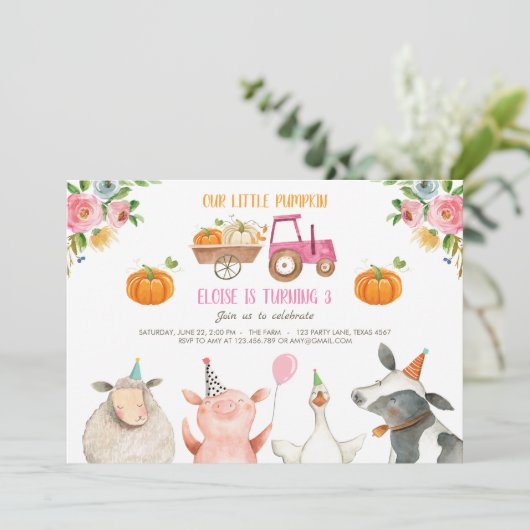 Pumpkin Boerderij Barnyard Herfst Girl Party Birth Kaart (Staand voorkant)