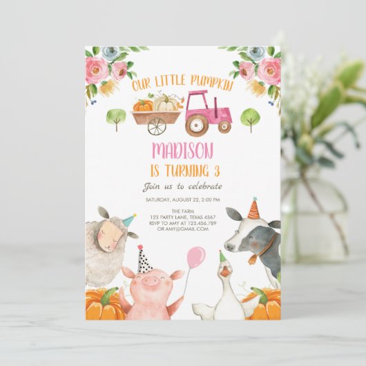 Pumpkin Boerderij Barnyard Pink Girl Party Birthda Kaart (Staand voorkant)