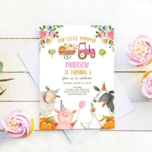 Pumpkin Boerderij Barnyard Pink Girl Party Birthda Kaart