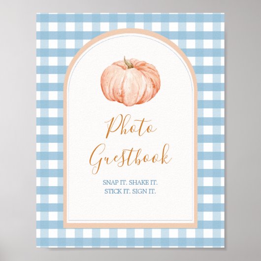 Pumpkin Boho Blue Gingham Foto Guestbook Sign Poster (Voorkant)