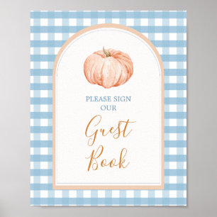 Pumpkin Boho Blue Gingham Guest Book Baby shower Poster