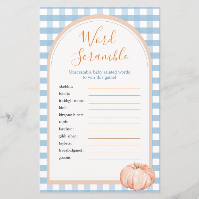 Pumpkin Boho Blue Gingham Word Scramble Game (Voorkant)