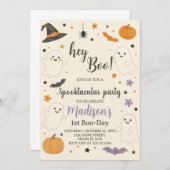 Pumpkin Boo 1st Birthday Invitation | Hey Boo Hall Kaart (Voorkant / Achterkant)