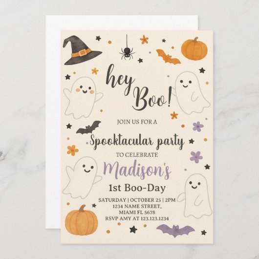 Pumpkin Boo 1st Birthday Invitation | Hey Boo Hall Kaart (Voorkant / Achterkant)