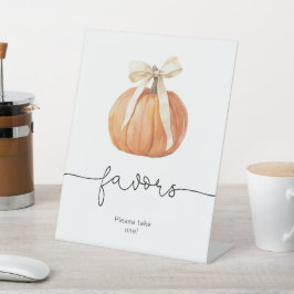 Pumpkin Bow Favors Sign | Herfst Baby shower Reclamebord Met Voetstuk