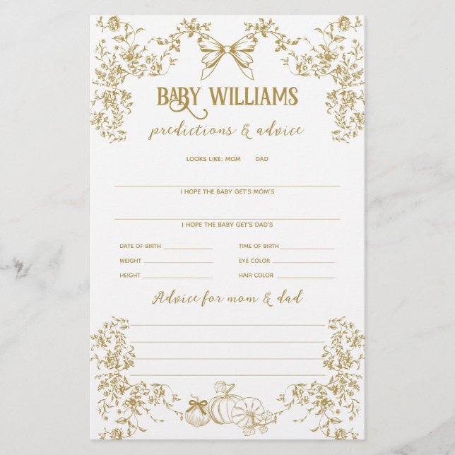 Pumpkin Bow Floral Baby shower Voorspelling Spel (Voorkant)