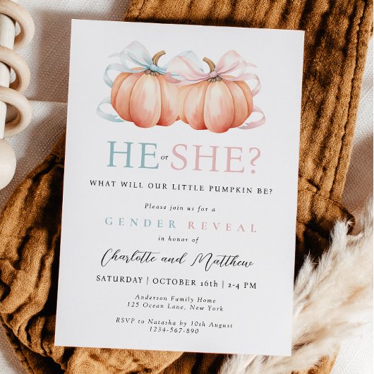 Pumpkin Bow Roze Blauw Geslacht Onthulling Uitnodi Kaart