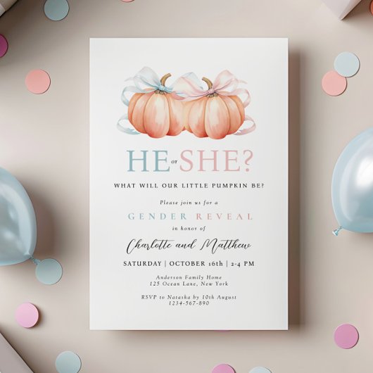 Pumpkin Bow Roze Blauw Geslacht Onthulling Uitnodi Kaart