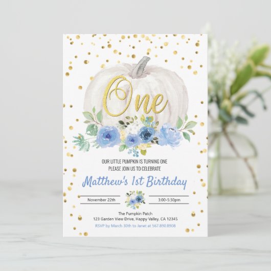 Pumpkin Boy 1st Birthday Party roze uitnodiging (Staand voorkant)