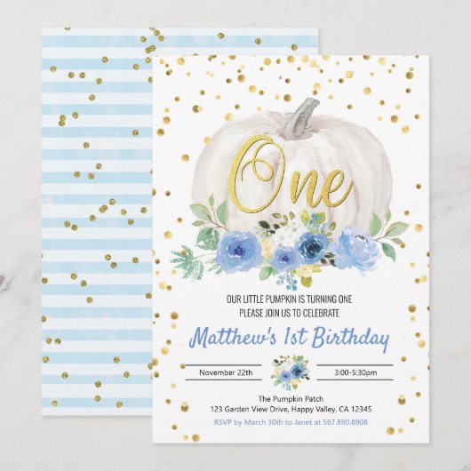 Pumpkin Boy 1st Birthday Party roze uitnodiging (Voorkant / Achterkant)