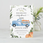 Pumpkin Boy Baby shower Uitnodiging met vrachtwage (Staand voorkant)