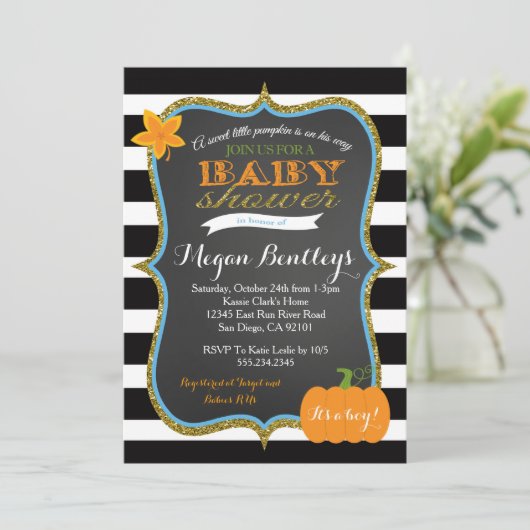 Pumpkin Boy Baby shower Uitnodiging tot het indien (Staand voorkant)