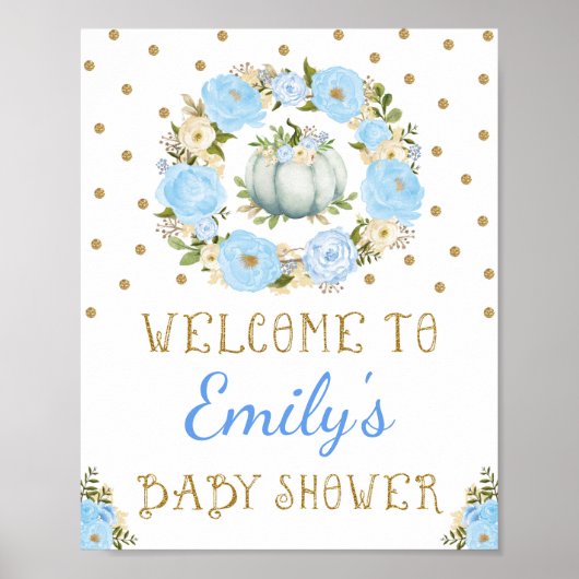 Pumpkin Boy Baby shower Welkom Sign Blue Floral Poster (Voorkant)