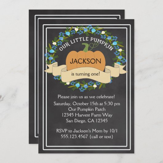 Pumpkin Boy Verjaardagsfeestje Chalkboard Uitnodig Kaart (Voorkant / Achterkant)