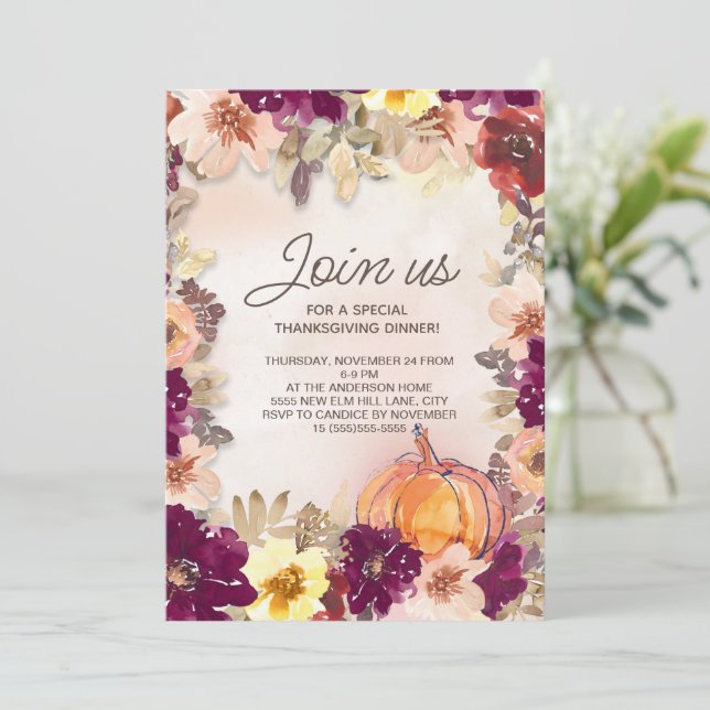Pumpkin Burgundy Pink Floral Thanksgiving Dinner (Staand voorkant)