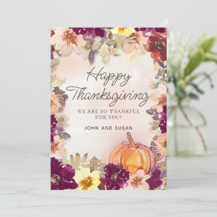 Pumpkin Burgundy Pink Floral Thanksgiving Greeting