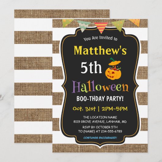 Pumpkin Burlap Halloween Kids Birthday Party Kaart (Voorkant / Achterkant)