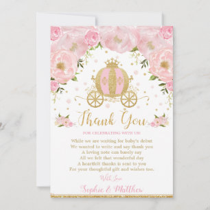 Pumpkin Carriage (Baby shower pompoen), roze Flora Bedankkaart