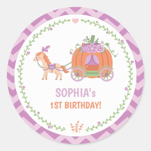 Pumpkin Carriage Birthday Party Paars Custom Ronde Sticker (Voorkant)
