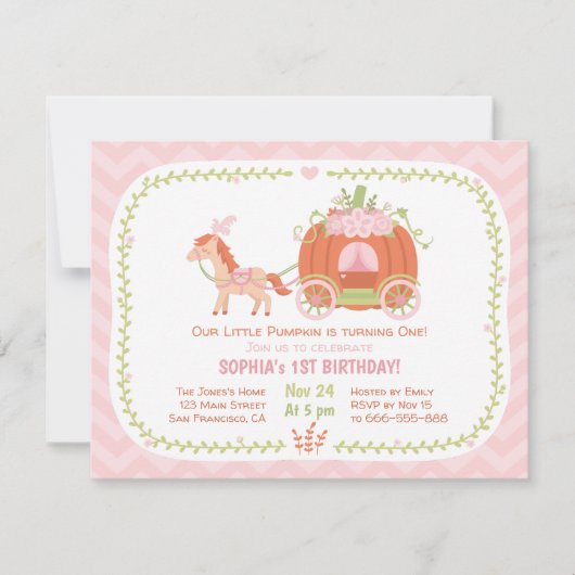 Pumpkin Carriage First Birthday Party Invitations Kaart (Voorkant)