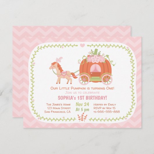 Pumpkin Carriage First Birthday Party Invitations Kaart (Voorkant / Achterkant)
