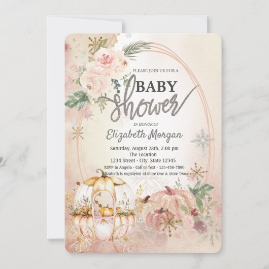 Pumpkin Carriage Flowers Snowflakes Baby shower Kaart (Voorkant)