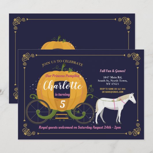 Pumpkin Carriage Horse Herfst Girls Birthday Party Kaart (Voorkant / Achterkant)