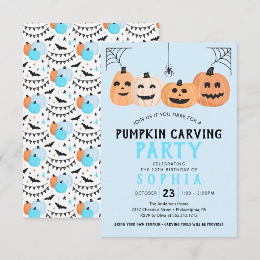 Pumpkin Carving Birthday Party Halloween Kaart (Voorkant / Achterkant)