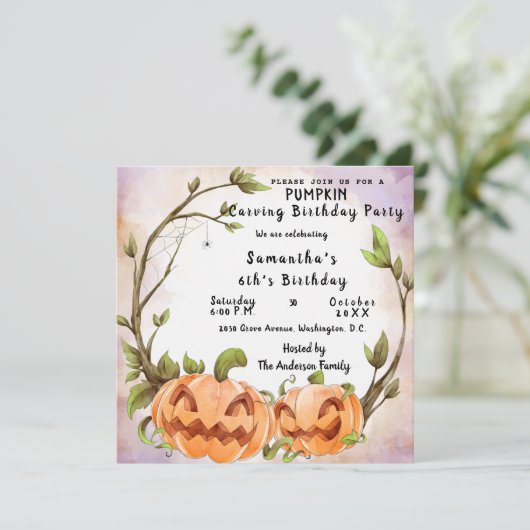 Pumpkin Carving Birthday Party Invitation Kaart (Staand voorkant)