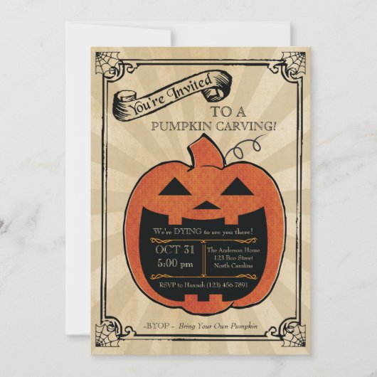 Pumpkin Carving Halloween Party Bash Invite Kaart (Voorkant)